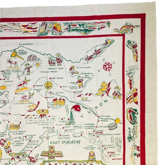 Vintage Alaska State Tablecloth Map Souvenir Square 50" x 50" Kitchen Table - Picture 5 of 11